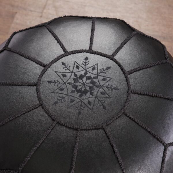 Moroccan Leather Pouf with embroider Stitching - (black) - Image 4