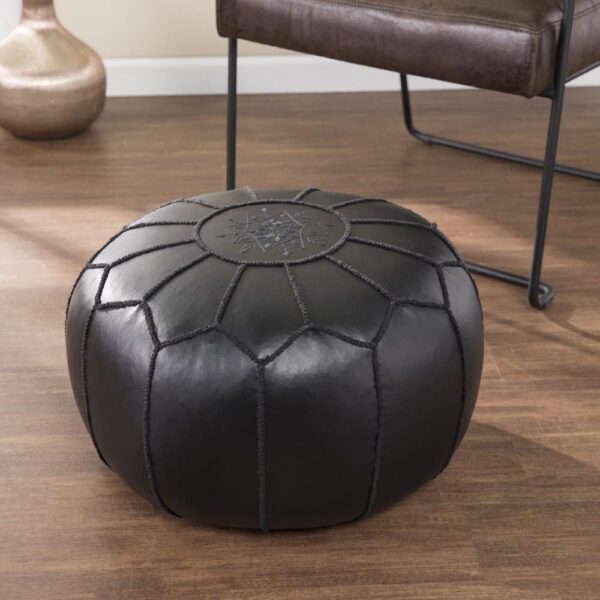 Moroccan Leather Pouf with embroider Stitching - (black) - Image 5