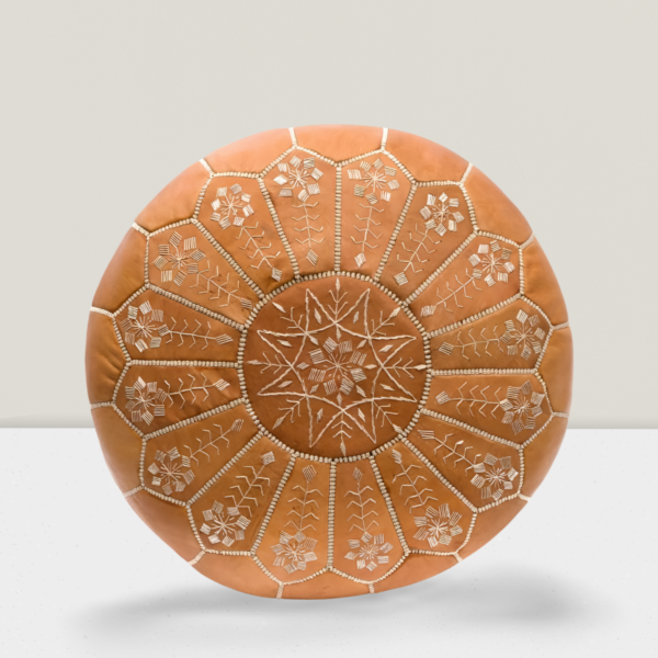 Moroccan Leather Pouf with embroider Stitching - (brown-white)