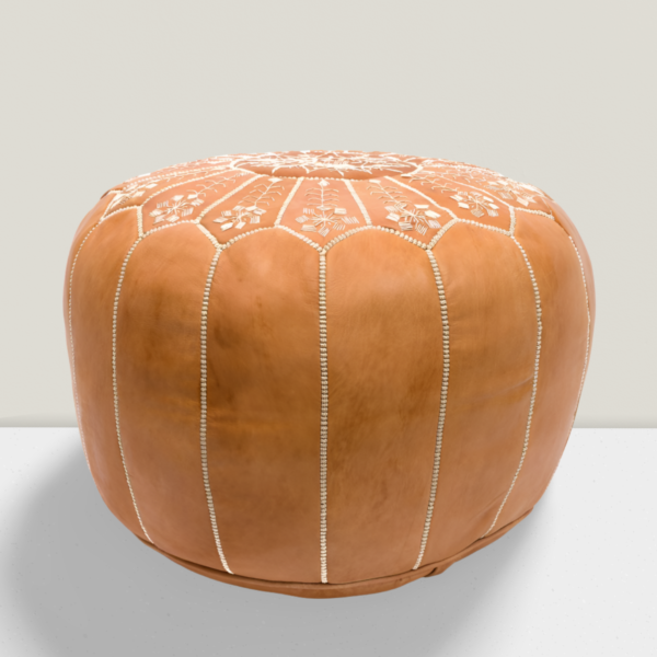 Moroccan Leather Pouf with embroider Stitching - (brown-white) - Image 2