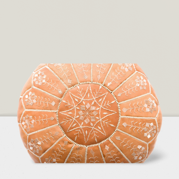 Moroccan Leather Pouf with embroider Stitching - (brown-white) - Image 3