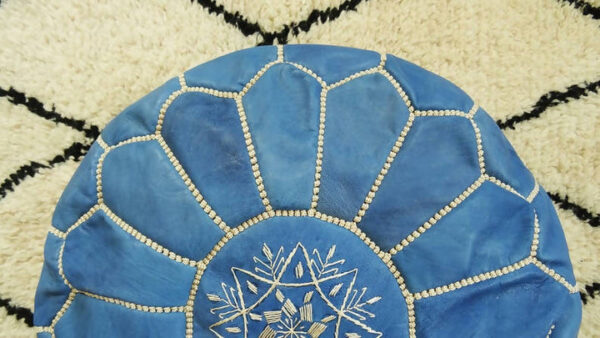 Moroccan Authentic Leather Pouf with embroider Stitching (bleu-white) - Image 3