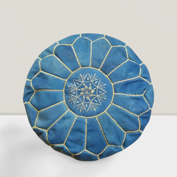 Moroccan Authentic Leather Pouf with embroider Stitching (bleu-white)