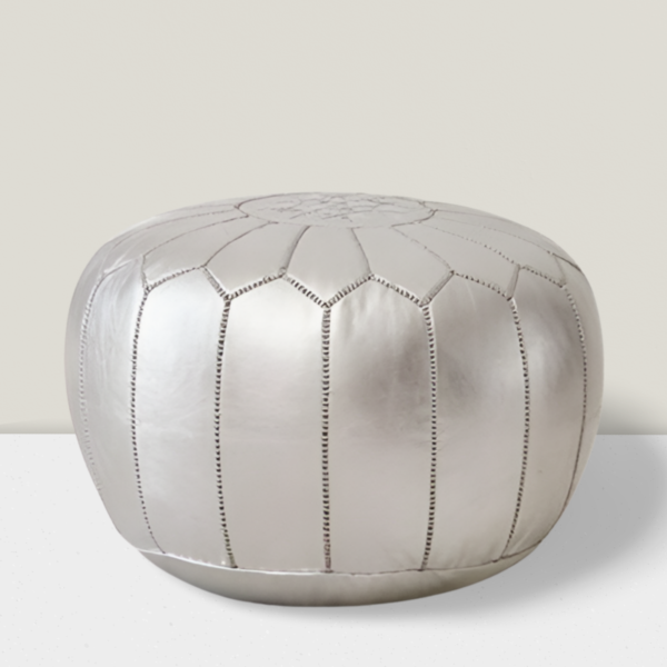 Moroccan Authentic Leather Pouf with embroider Stitching silver - Image 2