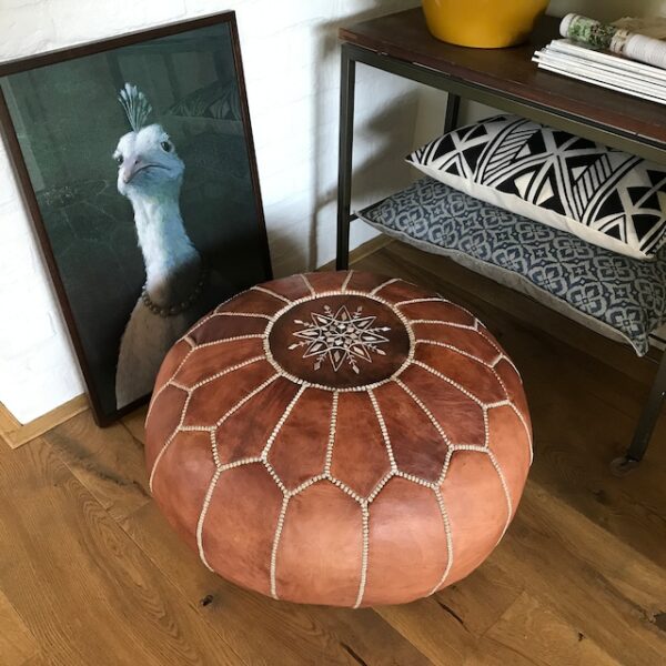 Moroccan Leather Pouf with embroider Stitching - (brown) - Image 3