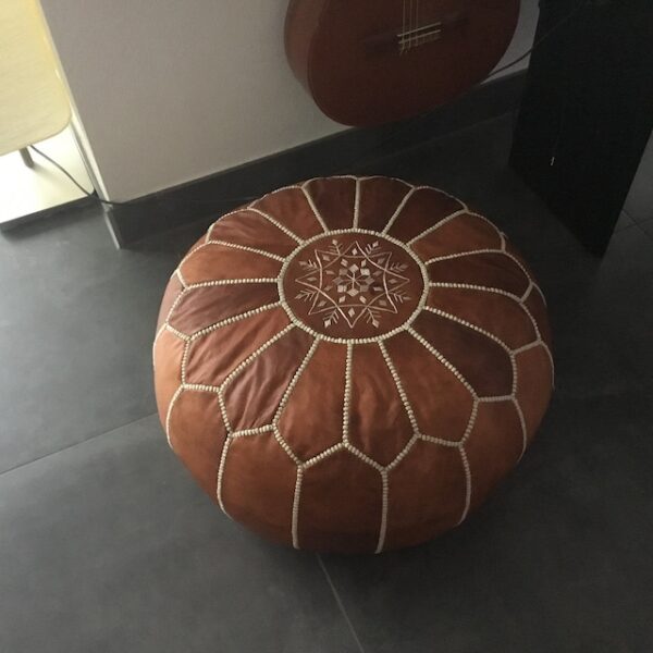 Moroccan Leather Pouf with embroider Stitching - (brown) - Image 4