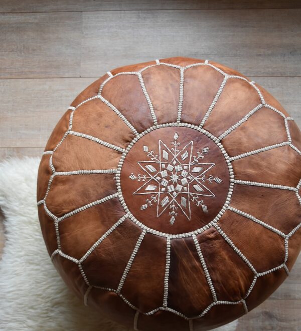 Moroccan Leather Pouf with embroider Stitching - (brown) - Image 5