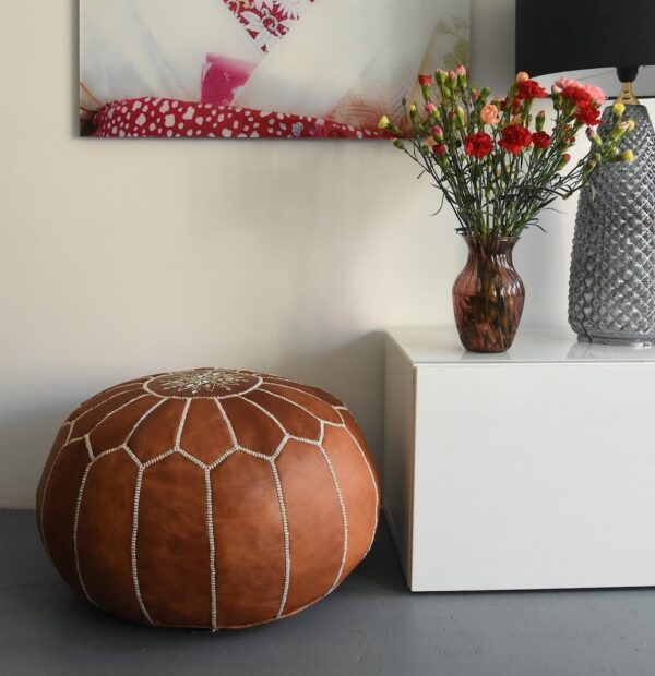 Moroccan Leather Pouf with embroider Stitching - (brown) - Image 7