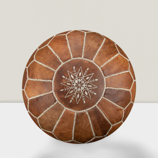 Moroccan Leather Pouf with embroider Stitching - (brown)