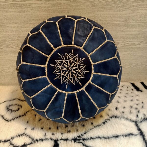 Moroccan Authentic Leather Pouf with embroider Stitching (bleu-black) - Image 4