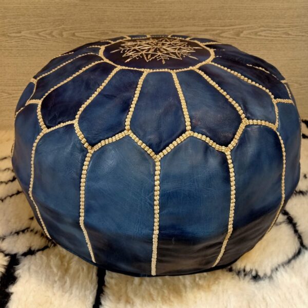 Moroccan Authentic Leather Pouf with embroider Stitching (bleu-black) - Image 3