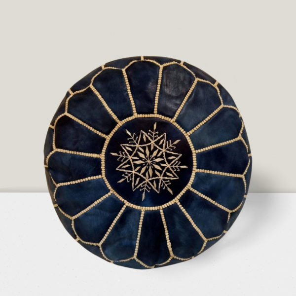 Moroccan Authentic Leather Pouf with embroider Stitching (bleu-black)