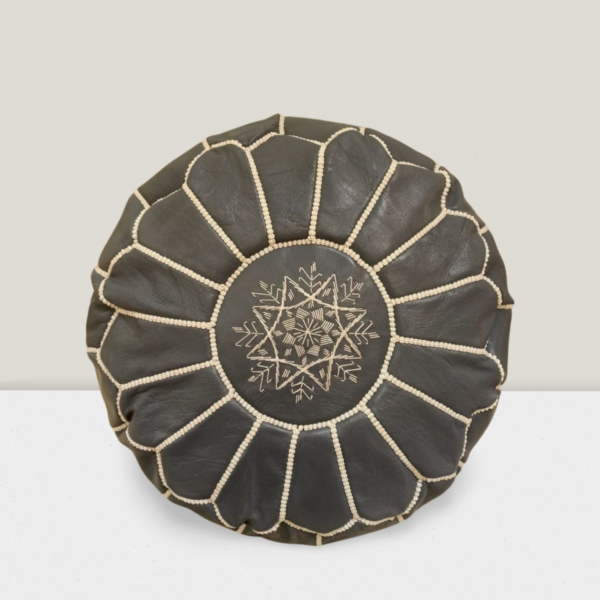 Moroccan Authentic Leather Pouf with embroider Stitching (grise)