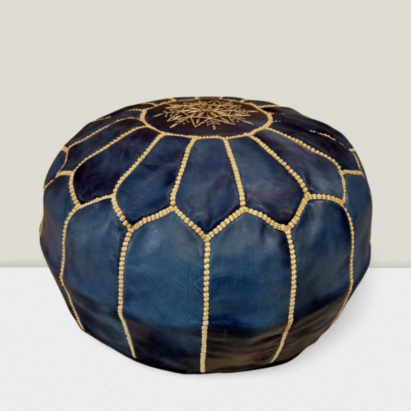 Moroccan Authentic Leather Pouf with embroider Stitching (bleu-black) - Image 5