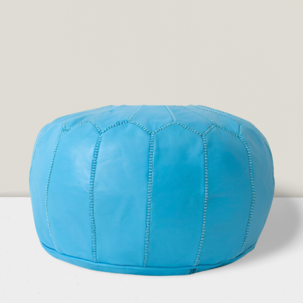 Moroccan Leather Pouf with embroider Stitching (turquoise) - Image 2