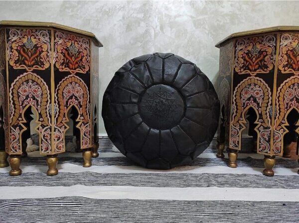 Moroccan Leather Pouf with embroider Stitching - (black) - Image 7